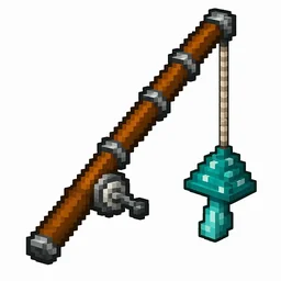 Pixel art illustration of a wooden stick dangling a teal-cyan warped fungus on a string