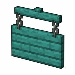 Pixel art illustration of a warped hanging sign board suspended from two gray metal chains