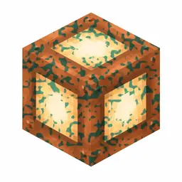 Pixel art illustration of a waxed copper bulb with lightly patchy green oxidation, copper sealed with honeycomb