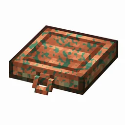 Pixel art illustration of a waxed copper trapdoor with lightly patchy green oxidation, copper sealed with honeycomb