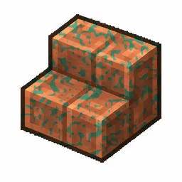Pixel art illustration of a waxed cut copper stairs with lightly patchy green oxidation, copper sealed with honeycomb