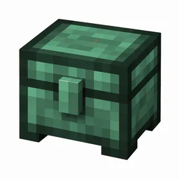 Pixel art illustration of a waxed copper chest with a full teal-green patina, copper sealed with honeycomb