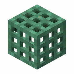 Pixel art illustration of a waxed copper grate with a full teal-green patina, copper sealed with honeycomb