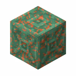 Pixel art illustration of a waxed chiseled copper with moderate mottled green oxidation, copper sealed with honeycomb