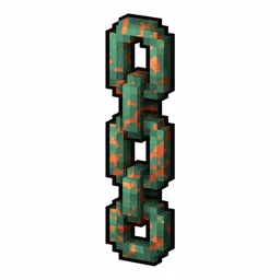 Pixel art illustration of a waxed copper chain with moderate mottled green oxidation, copper sealed with honeycomb