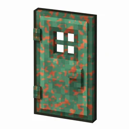 Pixel art illustration of a waxed copper door with moderate mottled green oxidation, copper sealed with honeycomb