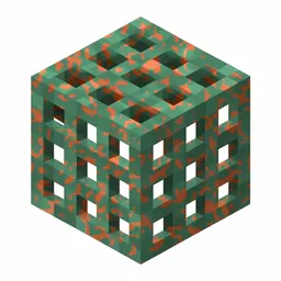 Pixel art illustration of a waxed copper grate with moderate mottled green oxidation, copper sealed with honeycomb