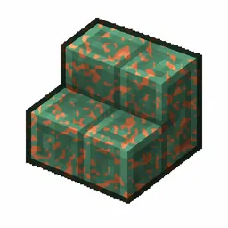 Pixel art illustration of a waxed cut copper stairs with moderate mottled green oxidation, copper sealed with honeycomb