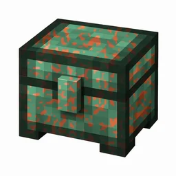 Pixel art illustration of a copper chest with moderate mottled green oxidation over copper metal