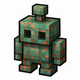 Pixel art illustration of a copper golem statue with moderate mottled green oxidation over copper metal