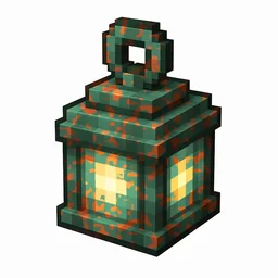 Pixel art illustration of a copper lantern with moderate mottled green oxidation over copper metal