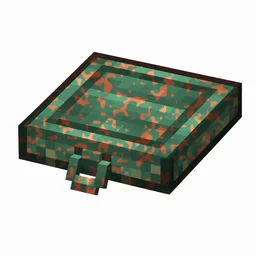 Pixel art illustration of a copper trapdoor with moderate mottled green oxidation over copper metal