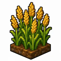 Pixel art illustration of a growing wheat crop with golden ears on green stalks