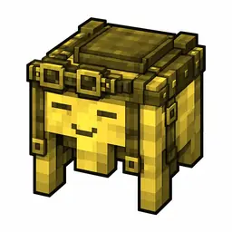 Pixel art illustration of a yellow happy ghast harness with a saddle seat and straps