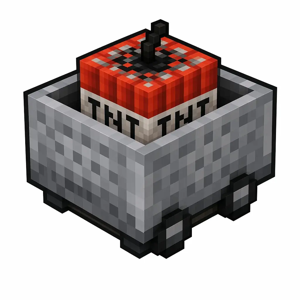 Pixel art illustration of a minecart carrying a red TNT crate