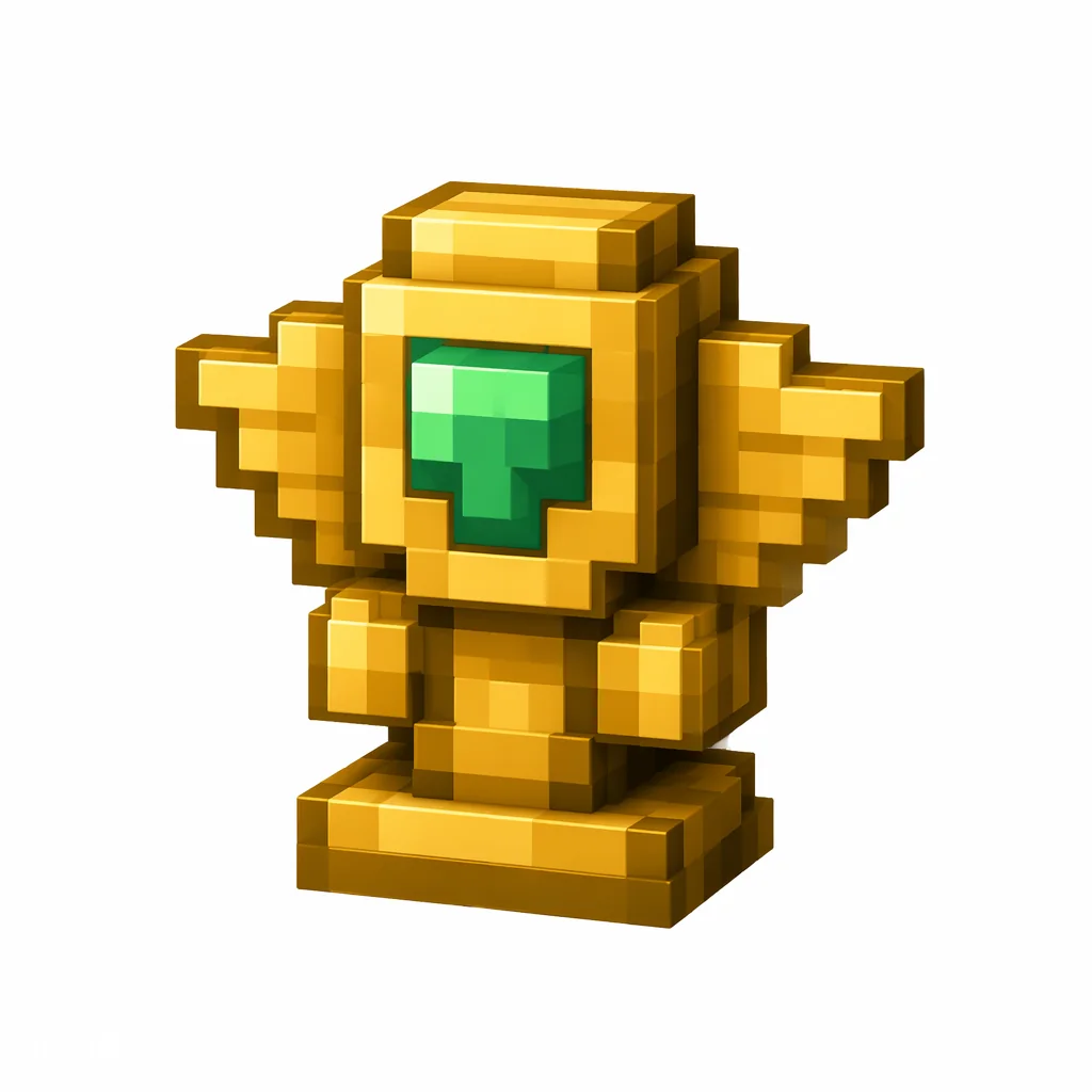 Pixel art illustration of a totem of undying, a golden winged idol with a green gem