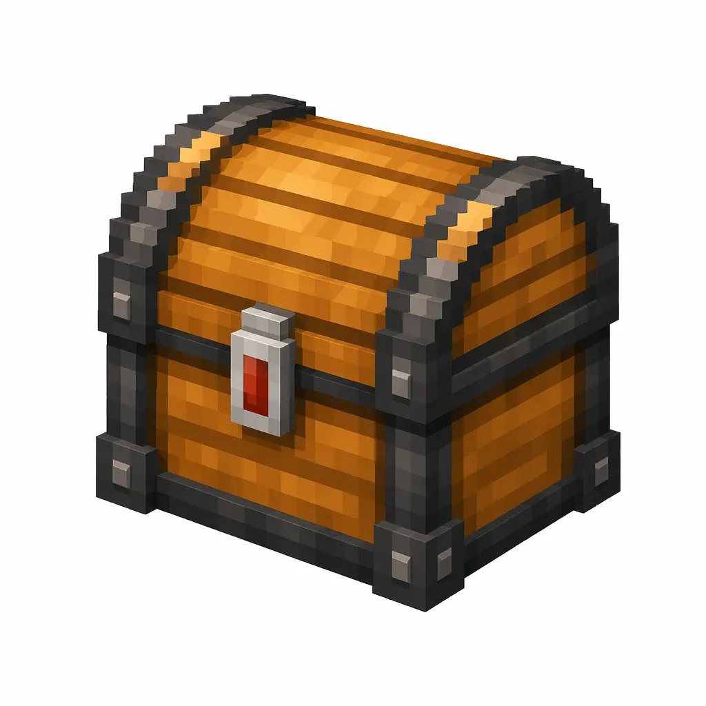 Pixel art illustration of a trapped chest block with a red-tinted metal latch on its front face