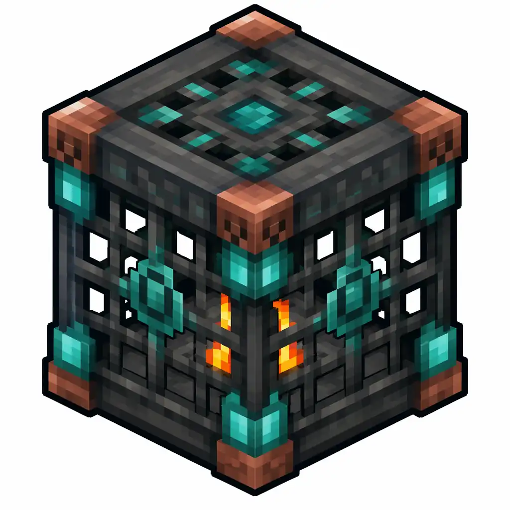 Pixel art illustration of a trial spawner in chunky voxel game style