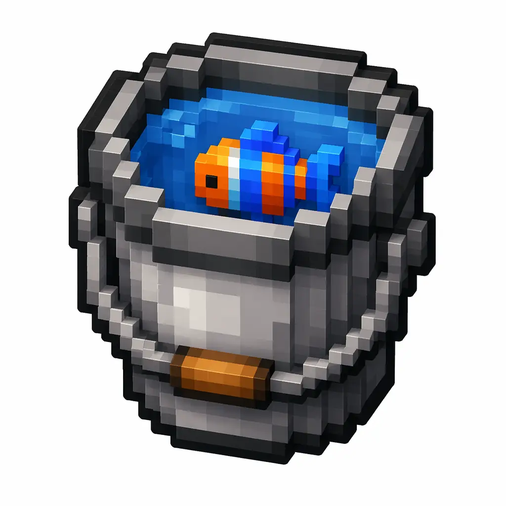 Pixel art illustration of a metal bucket with a live tropical fish inside