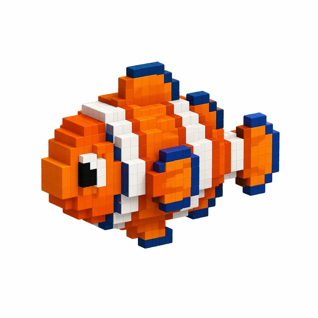 Pixel art illustration of a tropical clownfish with orange and white stripes