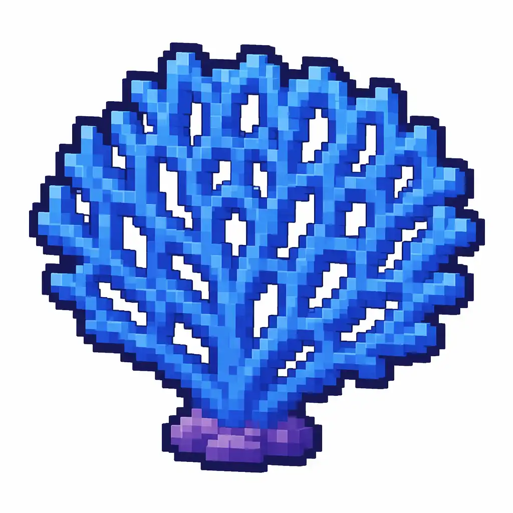 Pixel art illustration of a flat blue coral fan, a fan-shaped living coral frond