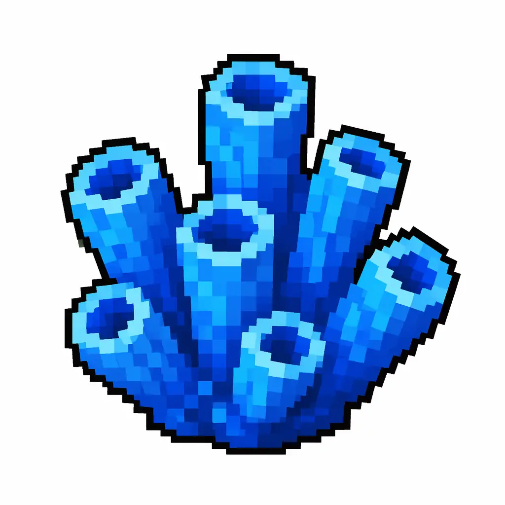 Pixel art illustration of a blue branching coral organism