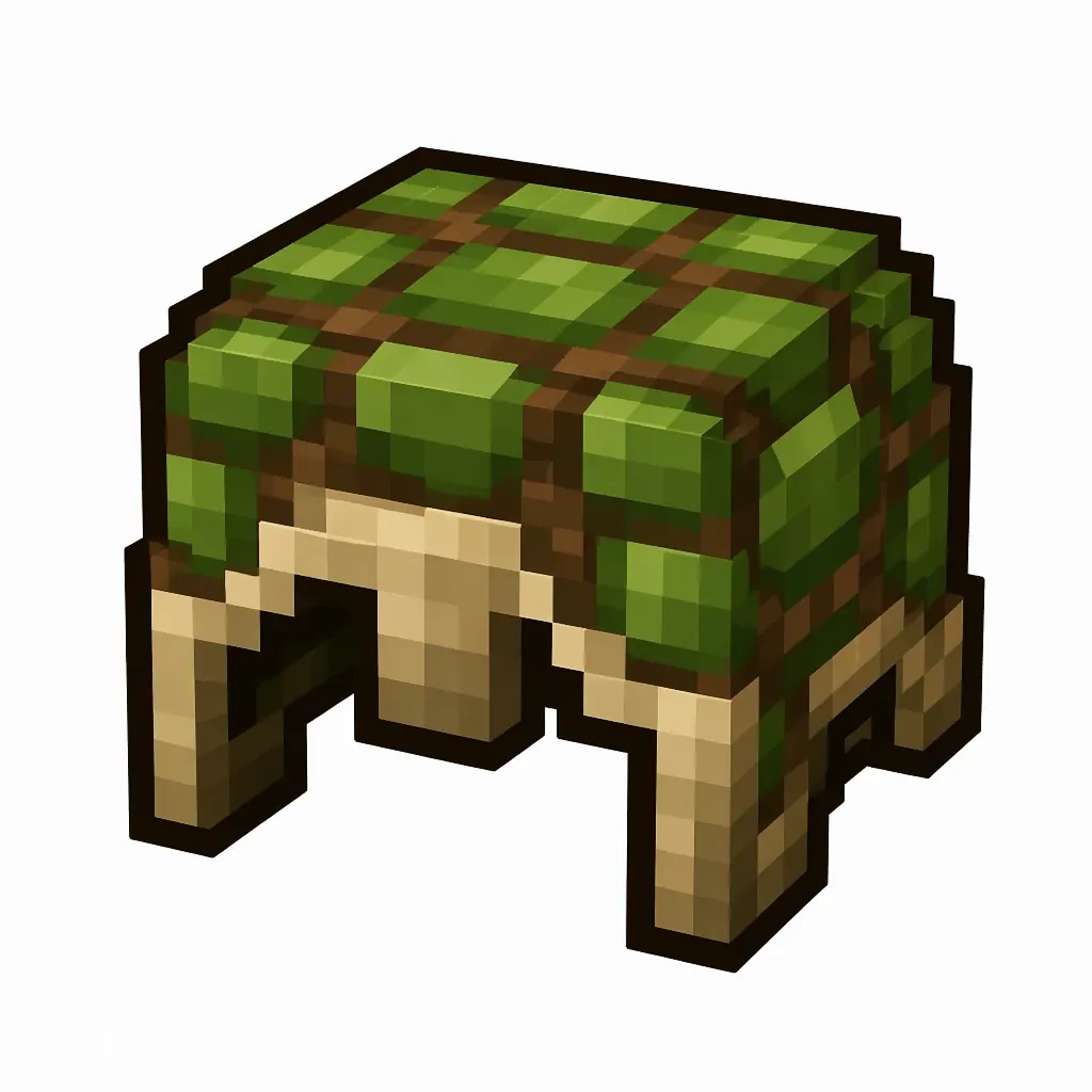 Pixel art illustration of a turtle shell helmet with a green scute pattern