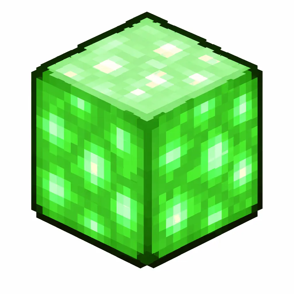 Pixel art illustration of a glowing verdant froglight cube block