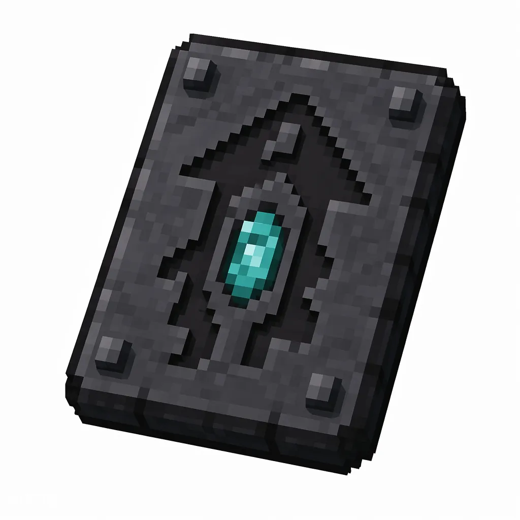 Pixel art illustration of a dark stone smithing template tablet carved with a winged spirit