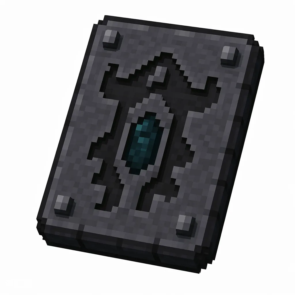 Pixel art illustration of a dark stone smithing template tablet carved with a warden face