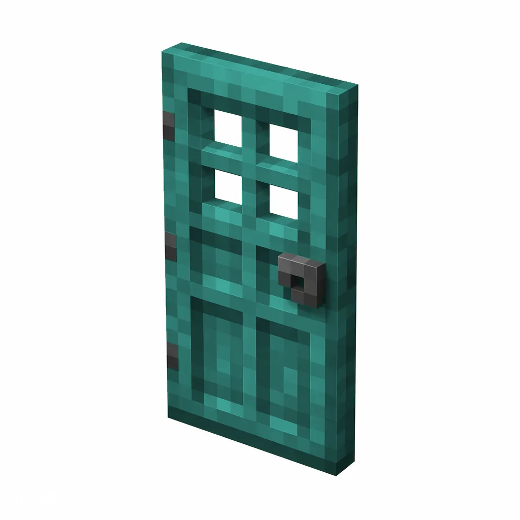 Pixel art illustration of a warped wooden door with window holes and a gray metal handle