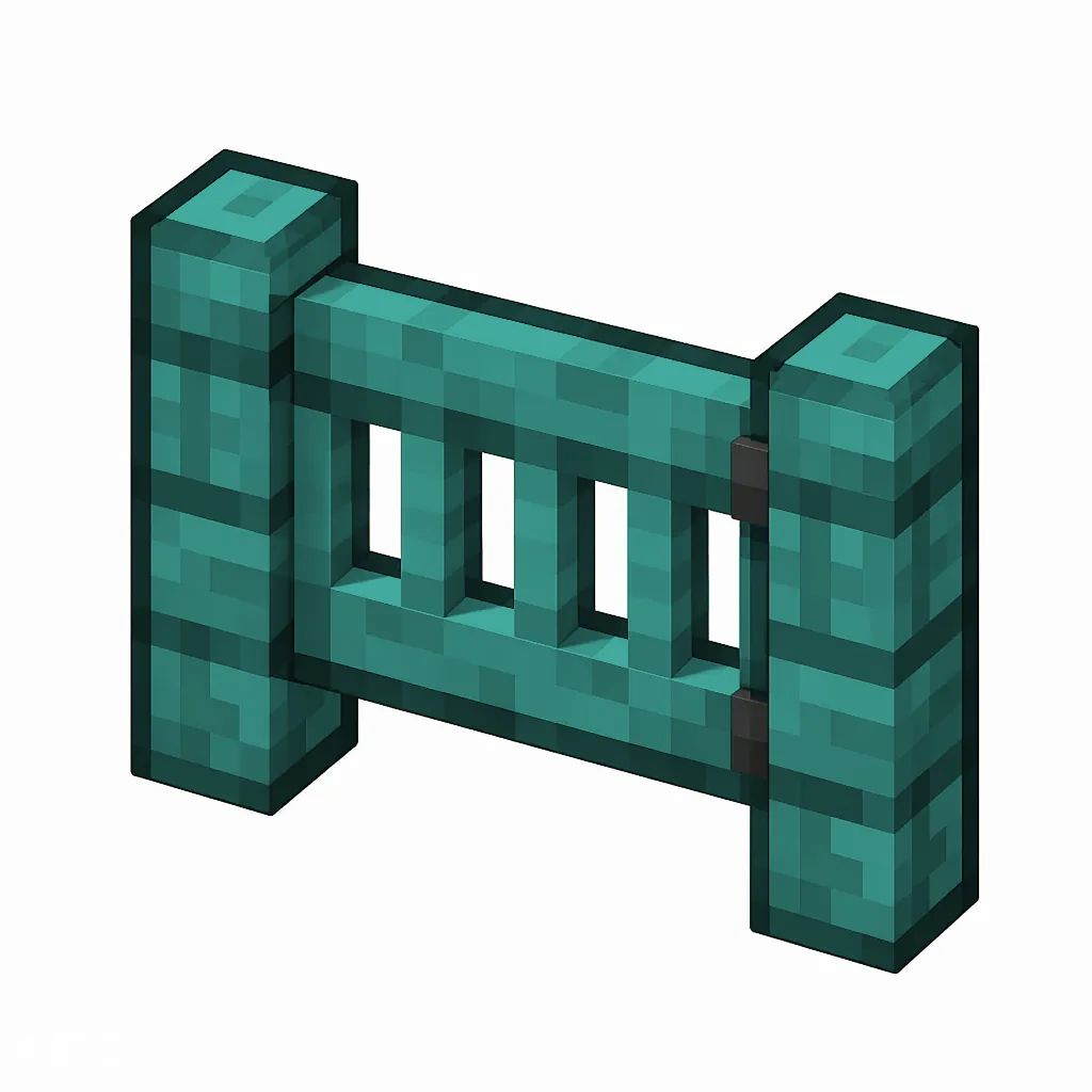 Pixel art illustration of a warped fence gate with a slatted swinging panel
