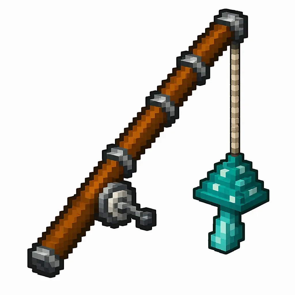 Pixel art illustration of a wooden stick dangling a teal-cyan warped fungus on a string