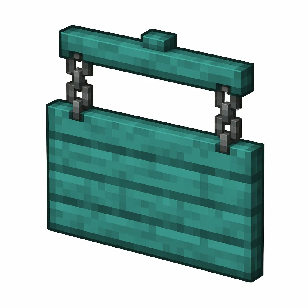 Pixel art illustration of a warped hanging sign board suspended from two gray metal chains