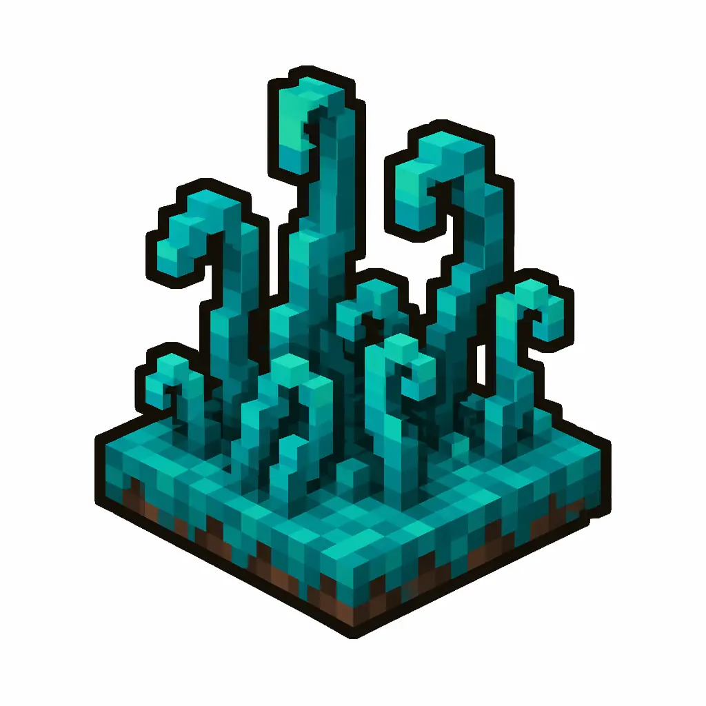 Pixel art illustration of a warped roots in chunky voxel game style