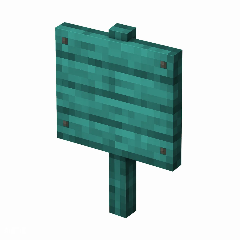 Pixel art illustration of a warped wooden sign board on a short post