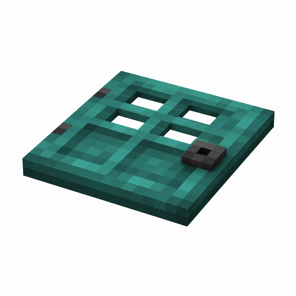 Pixel art illustration of a flat warped wooden trapdoor with a dark metal ring handle