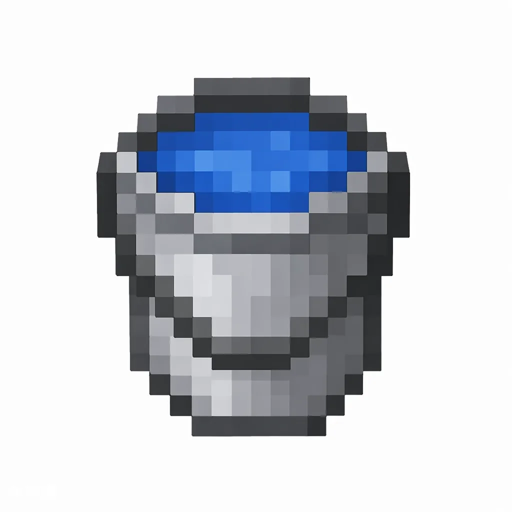 Pixel art illustration of a metal bucket filled with blue water