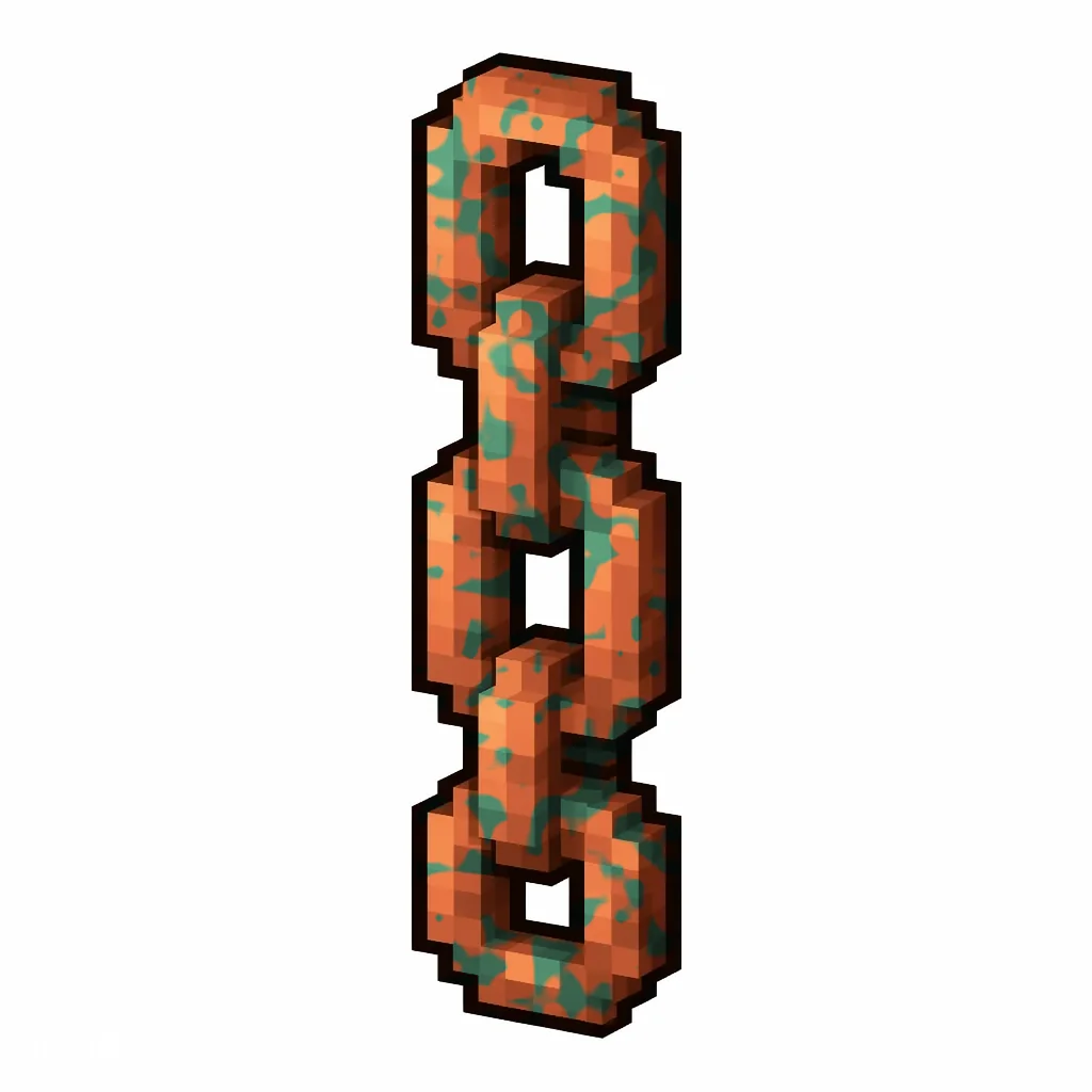 Pixel art illustration of a waxed copper chain with lightly patchy green oxidation, copper sealed with honeycomb