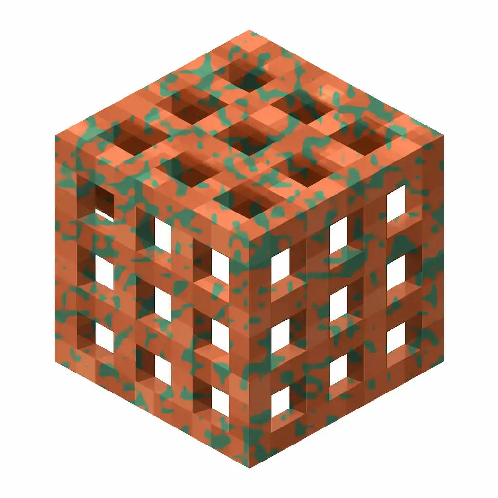 Pixel art illustration of a waxed copper grate with lightly patchy green oxidation, copper sealed with honeycomb