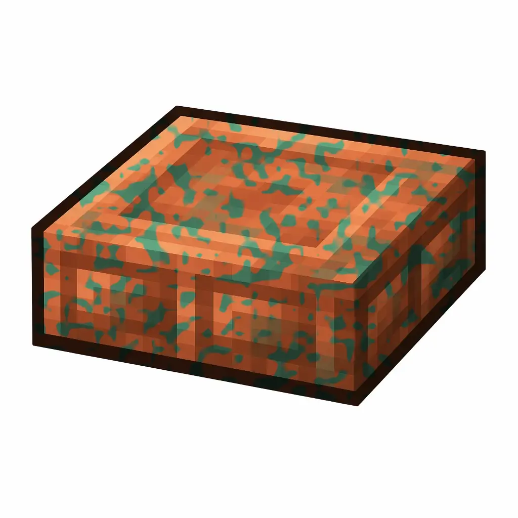 Pixel art illustration of a waxed cut copper slab with lightly patchy green oxidation, copper sealed with honeycomb