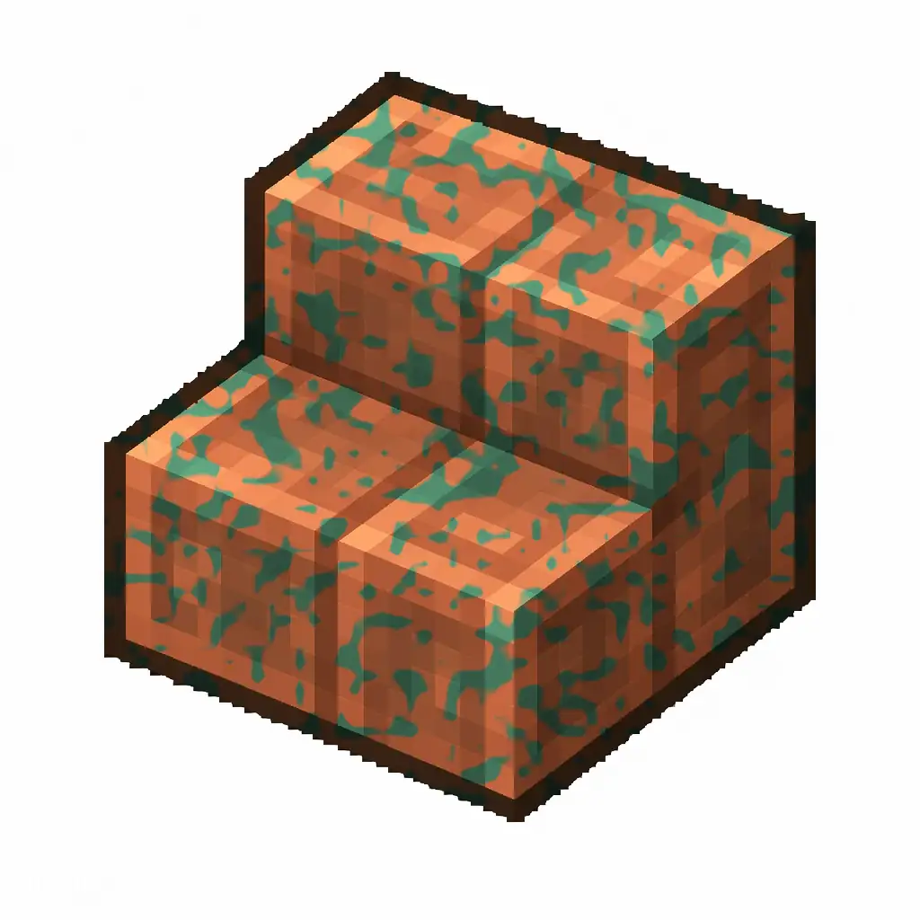 Pixel art illustration of a waxed cut copper stairs with lightly patchy green oxidation, copper sealed with honeycomb
