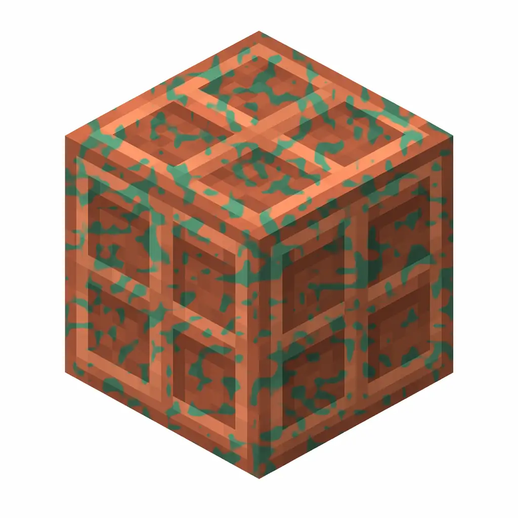 Pixel art illustration of a waxed cut copper with lightly patchy green oxidation, copper sealed with honeycomb