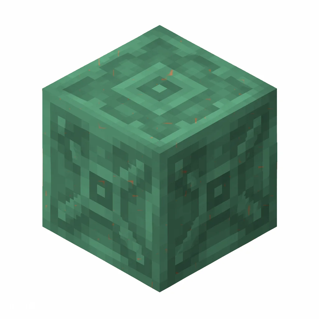Pixel art illustration of a waxed chiseled copper with a full teal-green patina, copper sealed with honeycomb