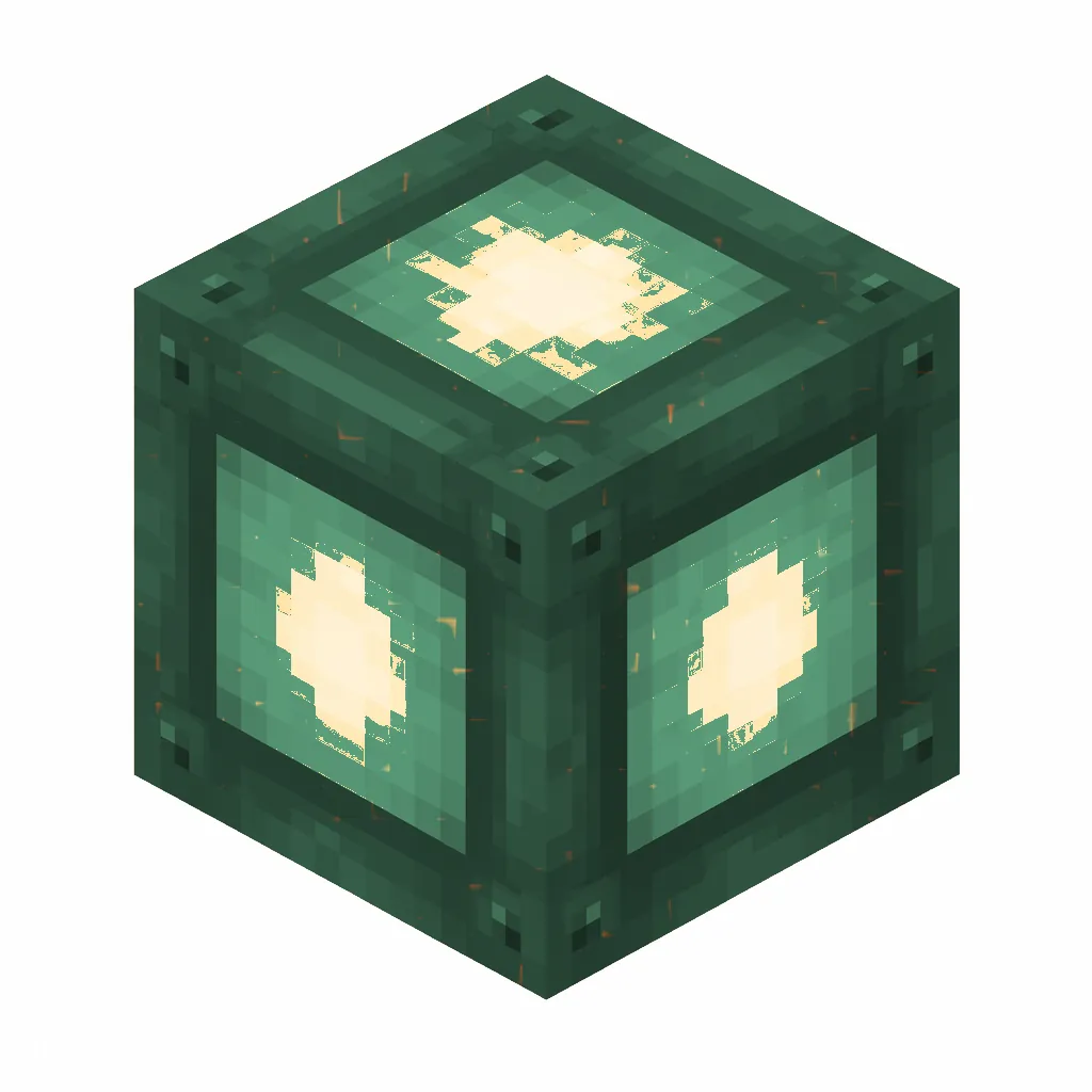Pixel art illustration of a waxed copper bulb with a full teal-green patina, copper sealed with honeycomb