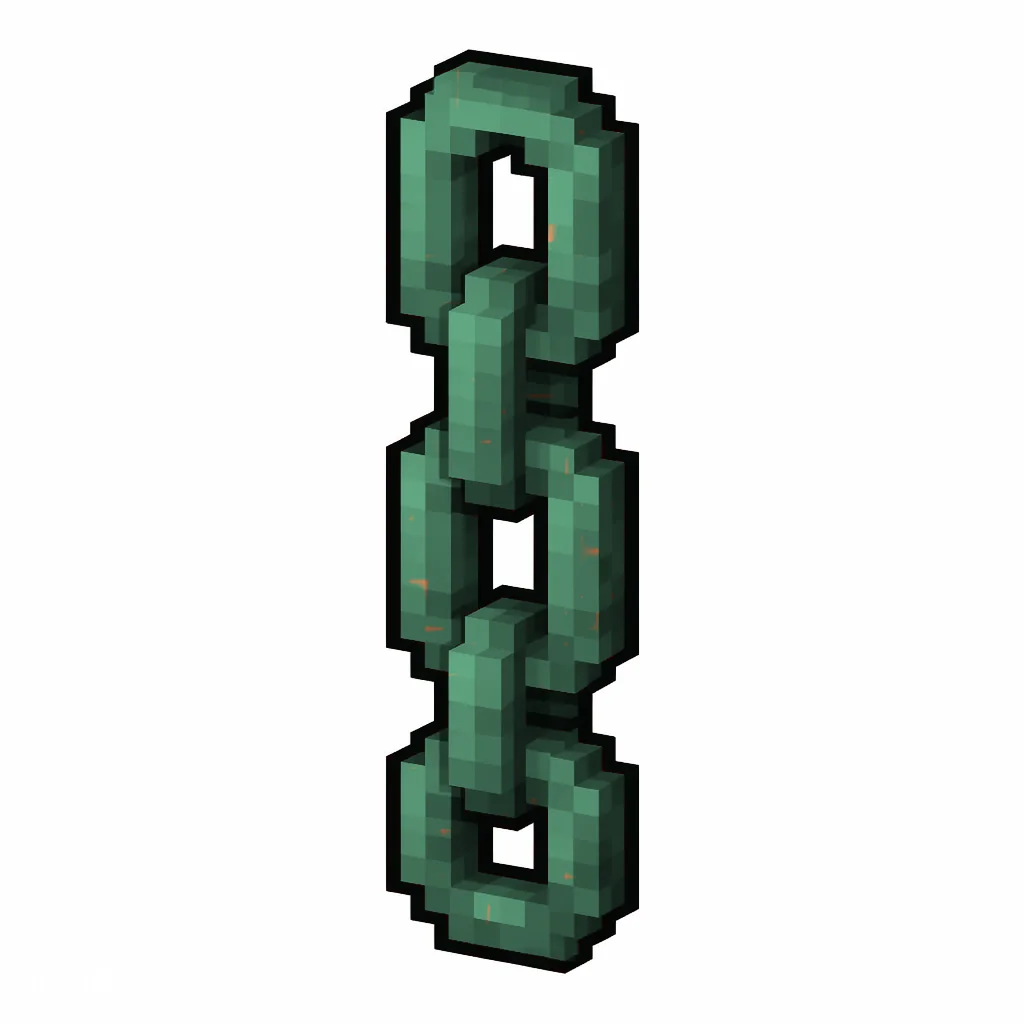 Pixel art illustration of a waxed copper chain with a full teal-green patina, copper sealed with honeycomb