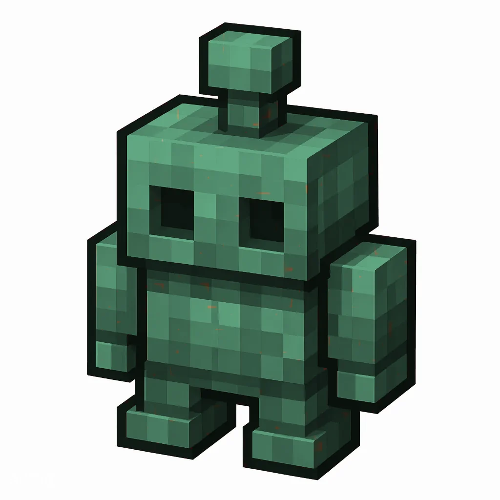 Pixel art illustration of a waxed copper golem statue with a full teal-green patina, copper sealed with honeycomb