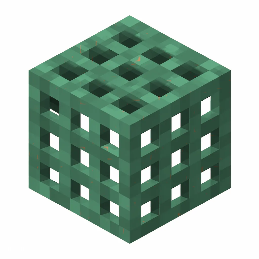 Pixel art illustration of a waxed copper grate with a full teal-green patina, copper sealed with honeycomb