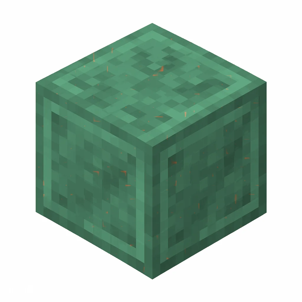 Pixel art illustration of a waxed copper with a full teal-green patina, copper sealed with honeycomb