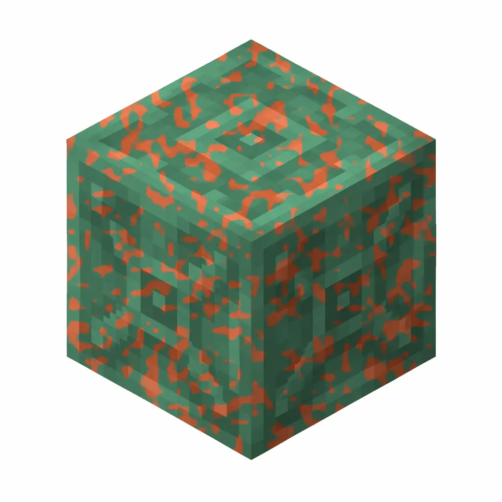 Pixel art illustration of a waxed chiseled copper with moderate mottled green oxidation, copper sealed with honeycomb